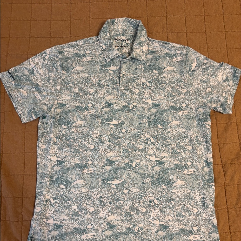 Bonobos men’s Blue Green Patterned Polo Dry Fit Shirt Marine Life Large